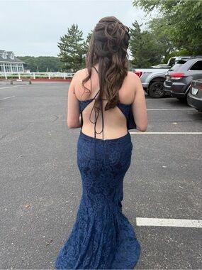 Navy Blue Lace Backless Evening Gown EJs Couture